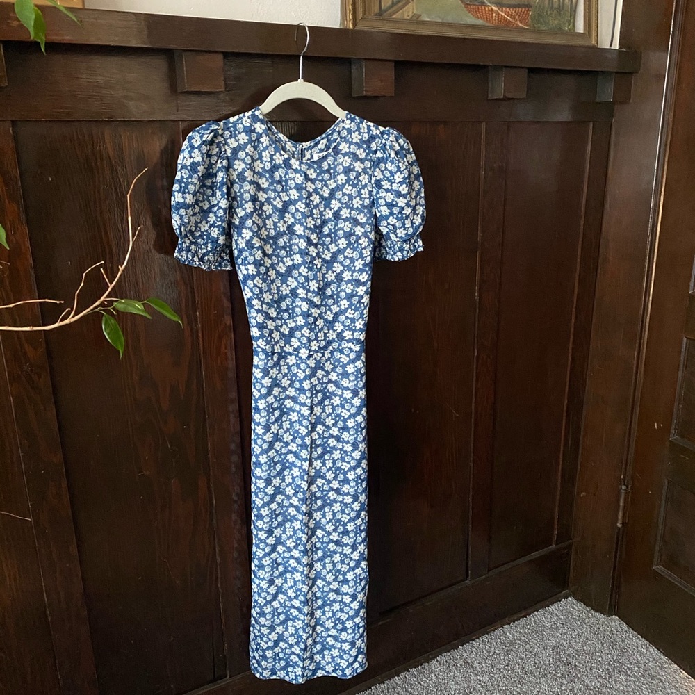 Reformation Lee Raquel BlueWhite Floral Puff Sleeve Midi Dress // NWT // Size 0